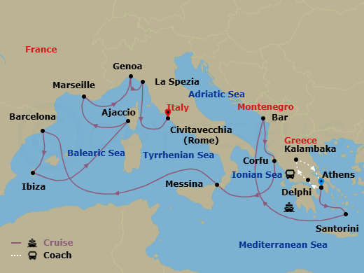 17 Night - Best of Greece - Tour 5B - Sun Princess Tours - Starting in Athens (Piraeus), Greece, Delphi, Greece, Kalambaka, Greece, Athens (Piraeus), Greece, Santorini, Greece, Montenegro, Corfu, Greece, Sicily (Messina), Italy, Barcelona, Spain, Ibiza, Spain, Corsica (Ajaccio), France, Marseille (Provence), France, Genoa (for Cinque Terre), Italy, La Spezia (for Florence / Pisa), Italy, Civitavecchia (for Rome), Italy itinerary map
