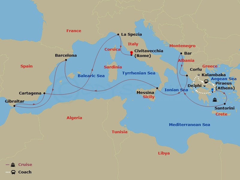17 Night - Best of Greece - Tour 5B - Sun Princess Tours - Starting in Athens (Piraeus), Greece, Delphi, Greece, Kalambaka, Greece, Athens (Piraeus), Greece, Santorini, Greece, Montenegro, Corfu, Greece, Sicily (Messina), Italy, Barcelona, Spain, Gibraltar, Cartagena ES, La Spezia (for Florence / Pisa), Italy, Civitavecchia (for Rome), Italy itinerary map