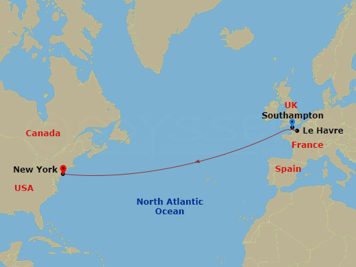 8 Night - Westbound Transatlantic Crossing - Queen Mary 2 - Starting in Southampton, England, UK, Le Havre, France, New York, NY itinerary map