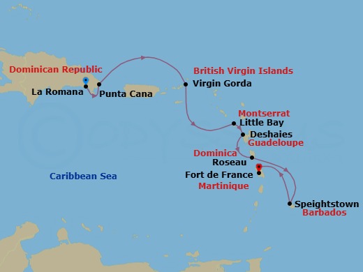 7 Night - Secret Treasures of the Lesser Antilles - Le Champlain - Starting in La Romana, Punta Cana, Virgin Gorda, Little Bay, Deshaies, Roseau, Speightstown, Fort-de-France itinerary map