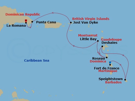 7 Night - Secret Treasures of the Lesser Antilles - Le Champlain - Starting in Fort-de-France, Speightstown, Deshaies, Roseau, Little Bay, Jost Van Dyke, Punta Cana, La Romana itinerary map