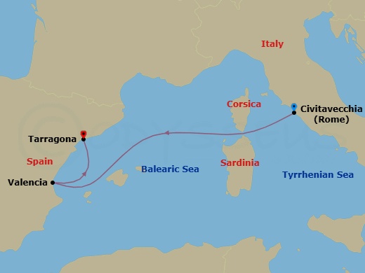 3 Night - Mediterranean - MSC Sinfonia - Starting in Civitavecchia (Rome), Italy, Valencia, Spain, Tarragona, Spain itinerary map