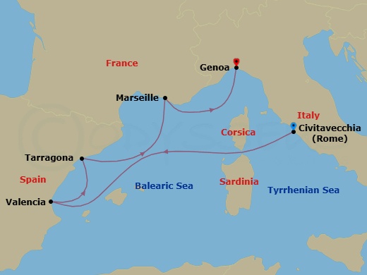 5 Night - Mediterranean - MSC Sinfonia - Starting in Civitavecchia (Rome), Italy, Valencia, Spain, Tarragona, Spain, Marseille (Provence), France, Genoa (Portofino), Italy itinerary map