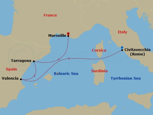 4 Night - Mediterranean - MSC Sinfonia - Starting in Civitavecchia (Rome), Italy, Valencia, Spain, Tarragona, Spain, Marseille (Provence), France itinerary map