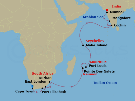 22 Night - Cape Town to Mumbai - Silver Muse - Starting in Cape Town, Port Elizabeth ZA, East London, Durban, Pointe Des Galets, Port Louis, Mahe, Cochin, New Mangalore, Mumbai itinerary map