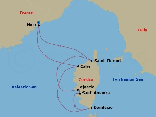 7 Night - Corsican Shores - Le Ponant - Starting in Nice, Saint-Florent, Corsica, Ajaccio, Corsica, Gulf of Sant Amanza, Corsica, Bonifacio, Corsica, Calvi, Corsica, Nice itinerary map