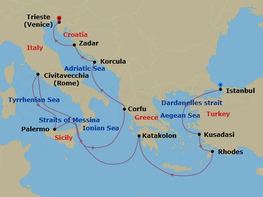 14 Night - Mediterranean, Greek Islands and Adriatic - Queen Elizabeth - Starting in Istanbul, Turkey, Dardanelles Strait, Turkey (Transit), Kusadasi (tours to Ephesus), Turkey, Rhodes, Greece, Katakolon (tours to Olympia), Greece, Messina Strait, Italy (Transit), Civitavecchia (tours to Rome), Italy, Palermo, Sicily, Italy, Messina Strait, Italy (Transit), Corfu, Greece, Korcula, Croatia, Zadar, Croatia, Trieste, Italy itinerary map