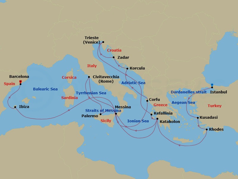 21 Night - Mediterranean, Greek Islands and Adriatic - Queen Elizabeth - Starting in Istanbul, Turkey, Dardanelles Strait, Turkey (Transit), Kusadasi (tours to Ephesus), Turkey, Rhodes, Greece, Katakolon (tours to Olympia), Greece, Messina Strait, Italy (Transit), Civitavecchia (tours to Rome), Italy, Palermo, Sicily, Italy, Messina Strait, Italy (Transit), Corfu, Greece, Korcula, Croatia, Zadar, Croatia, Trieste, Italy, Cephalonia, Greece, Katakolon (tours to Olympia), Greece, Messina, Sicily, Italy, Messina Strait, Italy (Transit), Ibiza, Spain, Barcelona, Spain itinerary map
