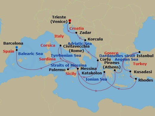 21 Night - Mediterranean, Greek Islands and Adriatic - Queen Elizabeth - Starting in Barcelona, Spain, Messina Strait, Italy (Transit), Messina, Sicily, Italy, Piraeus (tours to Athens), Greece, Dardanelles Strait, Turkey (Transit), Istanbul, Turkey, Dardanelles Strait, Turkey (Transit), Kusadasi (tours to Ephesus), Turkey, Rhodes, Greece, Katakolon (tours to Olympia), Greece, Messina Strait, Italy (Transit), Civitavecchia (tours to Rome), Italy, Palermo, Sicily, Italy, Messina Strait, Italy (Transit), Corfu, Greece, Korcula, Croatia, Zadar, Croatia, Trieste, Italy itinerary map
