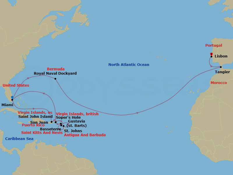 25 Night - Caribbean from Miami to Lisbon - Silver Nova - Starting in Miami, San Juan, Sopers Hole, Gustavia, St Johns AG, St Kitts, St John VI, Miami, Royal Naval Dockyard, Tangier, Lisbon itinerary map