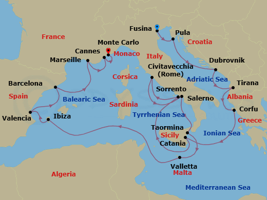 17 Night - Grand Riviera Resorts - Oceania Nautica - Starting in Venice (Fusina), Pula / Rovinj, Dubrovnik, Croatia, Tirana (Durres), Corfu, Catania (Sicily), Sorrento / Capri, Rome (Civitavecchia), Salerno, Taormina (Sicily), Valletta, Ibiza, Valencia, Barcelona, Provence (Marseille), Cannes, Monte Carlo itinerary map