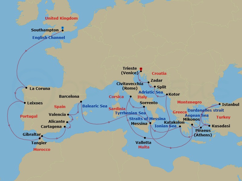 33 Night - Mediterranean, Greek Islands and Adriatic - Queen Elizabeth - Starting in Southampton, England, UK, La Coruna (tours to Santiago de Compostela), Spain, Leixoes (tours to Porto), Portugal, Tangier, Morocco, Gibraltar, Cartagena ES, Alicante, Spain, Valencia, Spain, Barcelona, Spain, Messina Strait, Italy (Transit), Messina, Sicily, Italy, Piraeus (tours to Athens), Greece, Dardanelles Strait, Turkey (Transit), Istanbul, Turkey, Dardanelles Strait, Turkey (Transit), Kusadasi (tours to Ephesus), Turkey, Mykonos, Greece, Katakolon (tours to Olympia), Greece, Messina Strait, Italy (Transit), Sorrento (tours to Capri or Pompeii), Italy, Civitavecchia (tours to Rome), Italy, Valletta, Malta, Kotor, Montenegro, Split, Croatia, Zadar, Croatia, Trieste, Italy itinerary map