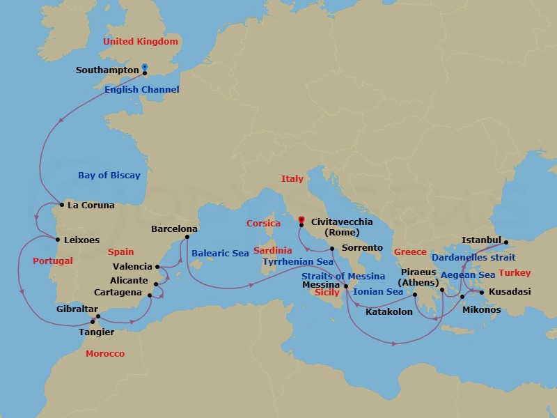 26 Night - Mediterranean and Greek Islands - Queen Elizabeth - Starting in Southampton, England, UK, La Coruna (tours to Santiago de Compostela), Spain, Leixoes (tours to Porto), Portugal, Tangier, Morocco, Gibraltar, Cartagena ES, Alicante, Spain, Valencia, Spain, Barcelona, Spain, Messina Strait, Italy (Transit), Messina, Sicily, Italy, Piraeus (tours to Athens), Greece, Dardanelles Strait, Turkey (Transit), Istanbul, Turkey, Dardanelles Strait, Turkey (Transit), Kusadasi (tours to Ephesus), Turkey, Mykonos, Greece, Katakolon (tours to Olympia), Greece, Messina Strait, Italy (Transit), Sorrento (tours to Capri or Pompeii), Italy, Civitavecchia (tours to Rome), Italy itinerary map