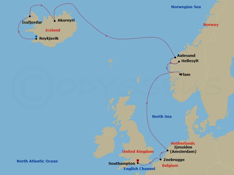 10 Night - Europe - Iceland - Norwegian Prima - Starting in Reykjavik, Iceland, Isafjordur, Iceland, Akureyri, Iceland, Alesund, Norway, Hellesylt, Norway, Flam, Norway, Amsterdam / Ijmuiden, Netherlands, Zeebrugge / Brussels / Brugge, Belgium, London (Southampton), United Kingdom itinerary map