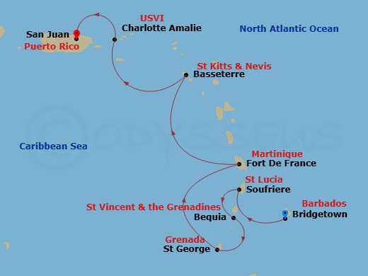 8 Night - Bridgetown to San Juan - Silver Nova - Starting in Bridgetown, Soufriere, St Lucia, Bequia, St Georges, Fort-de-France, St Kitts (Basseterre), St Thomas, San Juan itinerary map