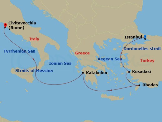 7 Night - Greece and Turkiye - Queen Elizabeth - Starting in Istanbul, Turkey, Dardanelles Strait, Turkey (Transit), Kusadasi (tours to Ephesus), Turkey, Rhodes, Greece, Katakolon (tours to Olympia), Greece, Messina Strait, Italy (Transit), Civitavecchia (tours to Rome), Italy itinerary map