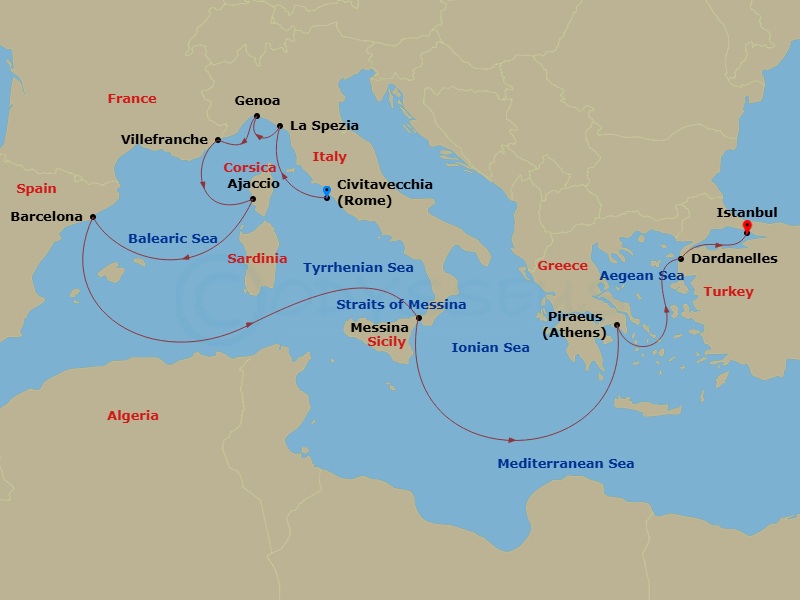14 Night - Mediterranean and Greece - Queen Elizabeth - Starting in Civitavecchia (tours to Rome), Italy, La Spezia (tours to Florence or Pisa), Italy, Genoa, Italy, Villefranche, France, Ajaccio, Corsica, France, Barcelona, Spain, Messina Strait, Italy (Transit), Messina, Sicily, Italy, Piraeus (tours to Athens), Greece, Dardanelles Strait, Turkey (Transit), Istanbul, Turkey itinerary map