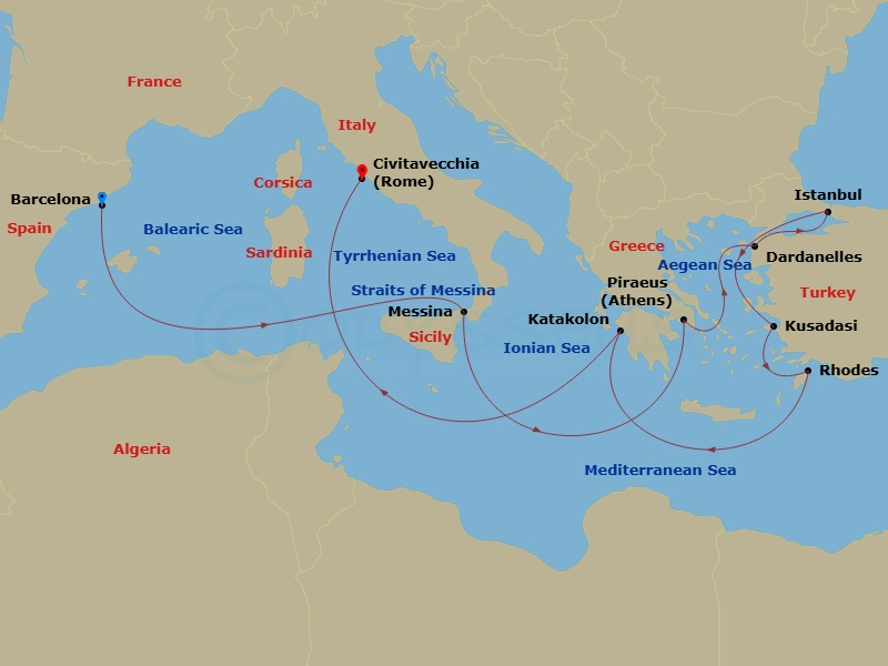 14 Night - Mediterranean, Greece and Turkiye - Queen Elizabeth - Starting in Barcelona, Spain, Messina Strait, Italy (Transit), Messina, Sicily, Italy, Piraeus (tours to Athens), Greece, Dardanelles Strait, Turkey (Transit), Istanbul, Turkey, Dardanelles Strait, Turkey (Transit), Kusadasi (tours to Ephesus), Turkey, Rhodes, Greece, Katakolon (tours to Olympia), Greece, Messina Strait, Italy (Transit), Civitavecchia (tours to Rome), Italy itinerary map