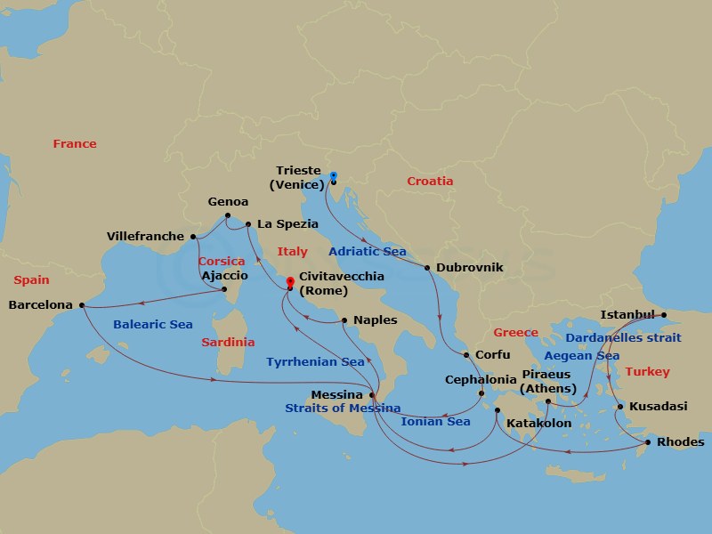 28 Night - Mediterranean, Croatia, Greece and Turkey - Queen Elizabeth - Starting in Trieste, Italy, Dubrovnik, Croatia, Corfu, Greece, Cephalonia, Greece, Messina Strait, Italy (Transit), Naples (tours to Capri or Pompeii), Italy, Civitavecchia (tours to Rome), Italy, La Spezia (tours to Florence or Pisa), Italy, Genoa, Italy, Villefranche, France, Ajaccio, Corsica, France, Barcelona, Spain, Messina Strait, Italy (Transit), Messina, Sicily, Italy, Piraeus (tours to Athens), Greece, Dardanelles Strait, Turkey (Transit), Istanbul, Turkey, Dardanelles Strait, Turkey (Transit), Kusadasi (tours to Ephesus), Turkey, Rhodes, Greece, Katakolon (tours to Olympia), Greece, Messina Strait, Italy (Transit), Civitavecchia (tours to Rome), Italy itinerary map
