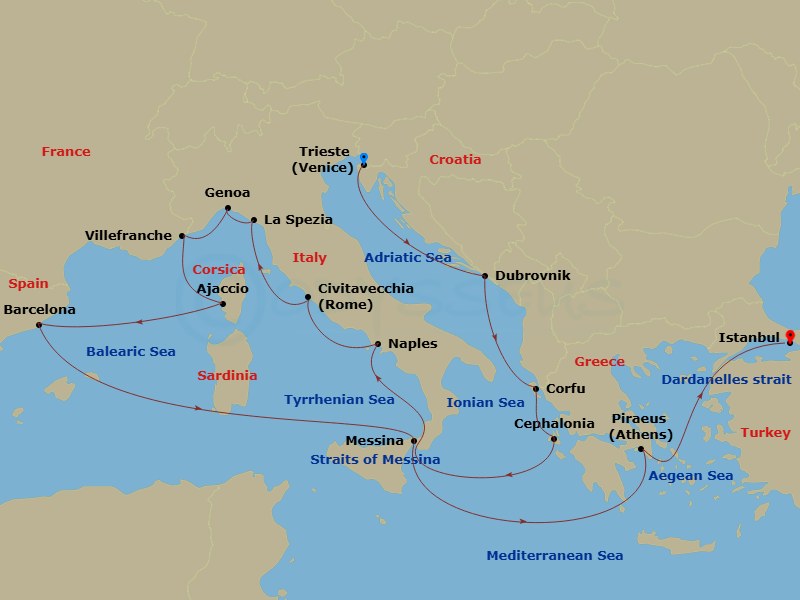 21 Night - Mediterranean, Croatia and Greece - Queen Elizabeth - Starting in Trieste, Italy, Dubrovnik, Croatia, Corfu, Greece, Cephalonia, Greece, Messina Strait, Italy (Transit), Naples (tours to Capri or Pompeii), Italy, Civitavecchia (tours to Rome), Italy, La Spezia (tours to Florence or Pisa), Italy, Genoa, Italy, Villefranche, France, Ajaccio, Corsica, France, Barcelona, Spain, Messina Strait, Italy (Transit), Messina, Sicily, Italy, Piraeus (tours to Athens), Greece, Dardanelles Strait, Turkey (Transit), Istanbul, Turkey itinerary map