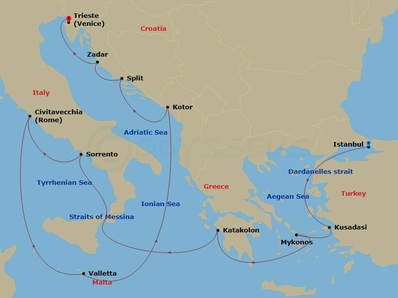 14 Night - Mediterranean, Adriatic and Greece - Queen Elizabeth - Starting in Istanbul, Turkey, Dardanelles Strait, Turkey (Transit), Kusadasi (tours to Ephesus), Turkey, Mykonos, Greece, Katakolon (tours to Olympia), Greece, Messina Strait, Italy (Transit), Sorrento (tours to Capri or Pompeii), Italy, Civitavecchia (tours to Rome), Italy, Valletta, Malta, Kotor, Montenegro, Split, Croatia, Zadar, Croatia, Trieste, Italy itinerary map