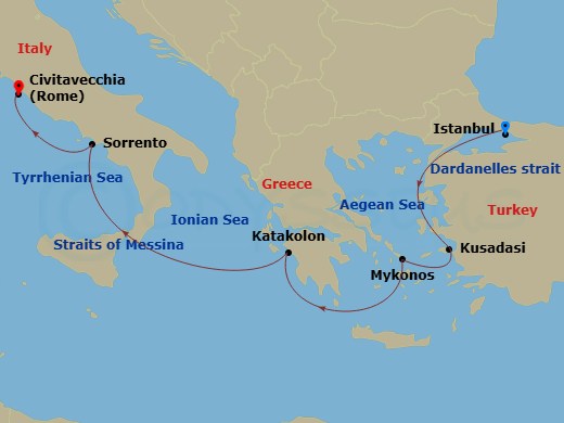 7 Night - Greece and Italy - Queen Elizabeth - Starting in Istanbul, Turkey, Dardanelles Strait, Turkey (Transit), Kusadasi (tours to Ephesus), Turkey, Mykonos, Greece, Katakolon (tours to Olympia), Greece, Messina Strait, Italy (Transit), Sorrento (tours to Capri or Pompeii), Italy, Civitavecchia (tours to Rome), Italy itinerary map