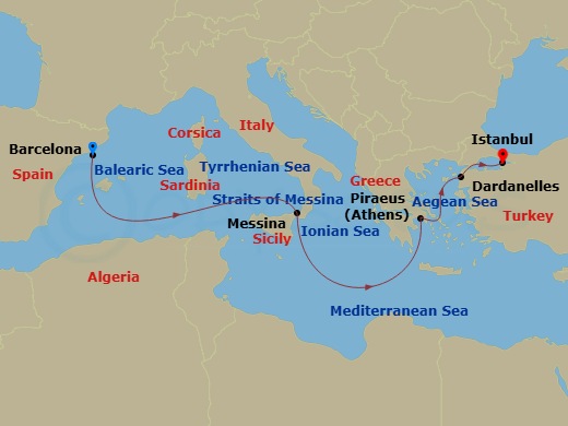 7 Night - Italy, Greece and Turkiye - Queen Elizabeth - Starting in Barcelona, Spain, Messina Strait, Italy (Transit), Messina, Sicily, Italy, Piraeus (tours to Athens), Greece, Dardanelles Strait, Turkey (Transit), Istanbul, Turkey itinerary map