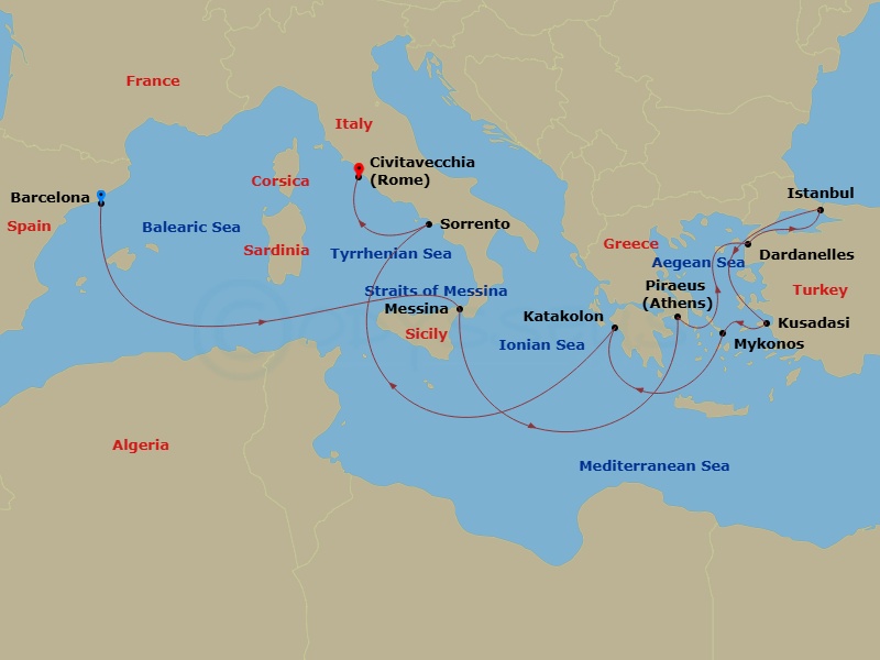14 Night - Italy, Greece and Turkiye - Queen Elizabeth - Starting in Barcelona, Spain, Messina Strait, Italy (Transit), Messina, Sicily, Italy, Piraeus (tours to Athens), Greece, Dardanelles Strait, Turkey (Transit), Istanbul, Turkey, Dardanelles Strait, Turkey (Transit), Kusadasi (tours to Ephesus), Turkey, Mykonos, Greece, Katakolon (tours to Olympia), Greece, Messina Strait, Italy (Transit), Sorrento (tours to Capri or Pompeii), Italy, Civitavecchia (tours to Rome), Italy itinerary map