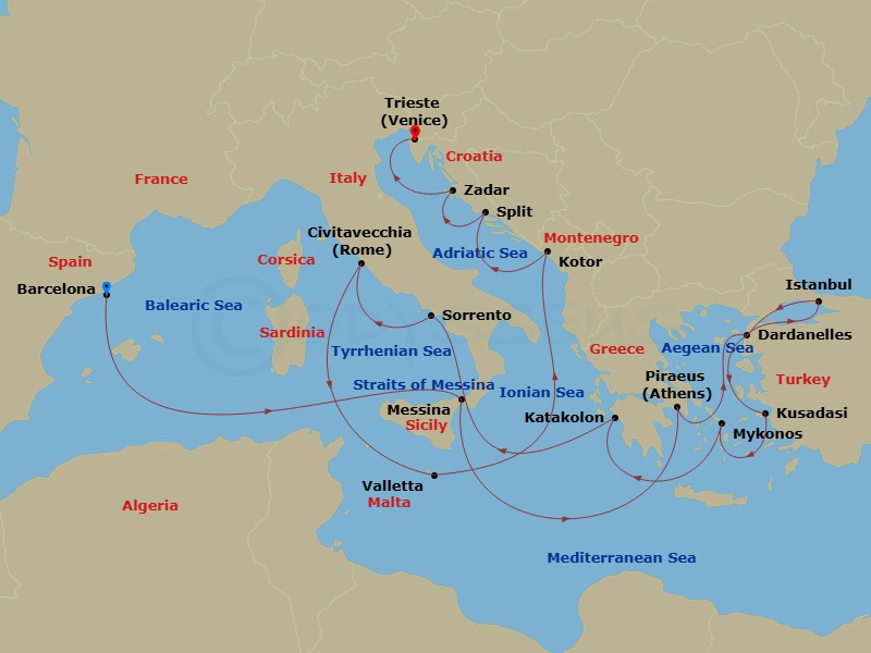 21 Night - Greece, Turkey, Italy and Adriatic - Queen Elizabeth - Starting in Barcelona, Spain, Messina Strait, Italy (Transit), Messina, Sicily, Italy, Piraeus (tours to Athens), Greece, Dardanelles Strait, Turkey (Transit), Istanbul, Turkey, Dardanelles Strait, Turkey (Transit), Kusadasi (tours to Ephesus), Turkey, Mykonos, Greece, Katakolon (tours to Olympia), Greece, Messina Strait, Italy (Transit), Sorrento (tours to Capri or Pompeii), Italy, Civitavecchia (tours to Rome), Italy, Valletta, Malta, Kotor, Montenegro, Split, Croatia, Zadar, Croatia, Trieste, Italy itinerary map