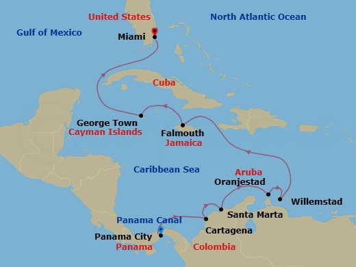 10 Night - Panama & Pristine Isles - Oceania Marina - Starting in Panama City, Panama Canal Daylight Transit, Cartagena CO, Santa Marta, Oranjestad, Willemstad AN, Falmouth, George Town, Miami itinerary map