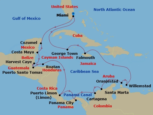 20 Night - Panama Canal Navigator - Oceania Marina - Starting in Miami, Cozumel, Mexico, Costa Maya, Mexico, Harvest Caye, Santo Tomas, Roatan, Puerto Limon, Panama Canal Daylight Transit, Panama City, Panama Canal Daylight Transit, Cartagena CO, Santa Marta, Oranjestad, Willemstad AN, Falmouth, George Town, Miami itinerary map
