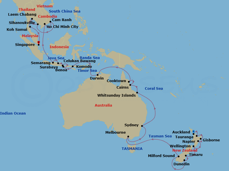 43 Night - New Zealand to Asia Medley - Oceania Riviera - Starting in Auckland, Rotorua (Tauranga), Gisborne, Napier, Wellington, Timaru, Dunedin, Cruising the Fjords of Milford Sound, Melbourne, Sydney AU, Whitsunday Island (Airlie Beach), Cairns, Cooktown, Darwin, Komodo, Bali (Benoa), Bali (Celukan Bawang), Surabaya, Semarang (Java), Saigon (Ho Chi Minh City), Cam Ranh, Sihanoukville, Bangkok (Laem Chabang), Ko Samui, Singapore itinerary map