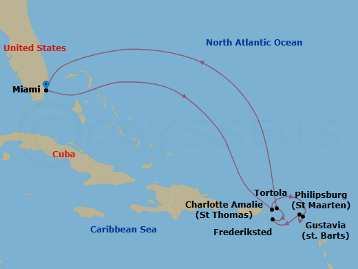 10 Night - Caribbean Island Bliss - Oceania Allura - Starting in Miami, Charlotte Amalie, Gustavia, Philipsburg, Frederiksted, Tortola, Miami itinerary map