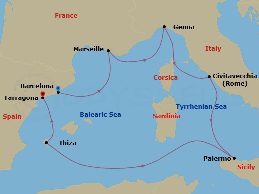 7 Night - Mediterranean - MSC Seaview - Starting in Barcelona, Spain, Marseille (Provence), France, Genoa (Portofino), Italy, Civitavecchia (Rome), Italy, Palermo (Monreale), Italy, Ibiza (Balearic Islands), Spain, Tarragona, Spain itinerary map