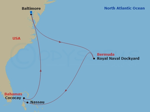 9 Night - Bermuda & Perfect Day Cruise - Vision of the Seas - Starting in Baltimore, Maryland, Royal Naval Dockyard, Bermuda, Nassau, Bahamas, Perfect Day Cococay, Bahamas, Baltimore, Maryland itinerary map