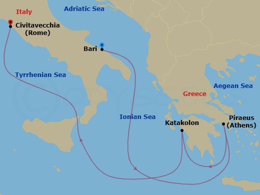 5 Night - Mediterranean - MSC Sinfonia - Starting in Bari, Italy, Piraeus (Athens), Greece, Katakolon (Olympia), Greece, Civitavecchia (Rome), Italy itinerary map