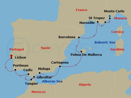 12 Night - Passage to Portugal - Oceania Nautica - Starting in Monte Carlo, Saint-Tropez, Provence (Marseille), Barcelona, Palma De Mallorca, Cartagena ES, Malaga, Gibraltar, Tangier, Seville (Cadiz), Portimao, Lisbon itinerary map