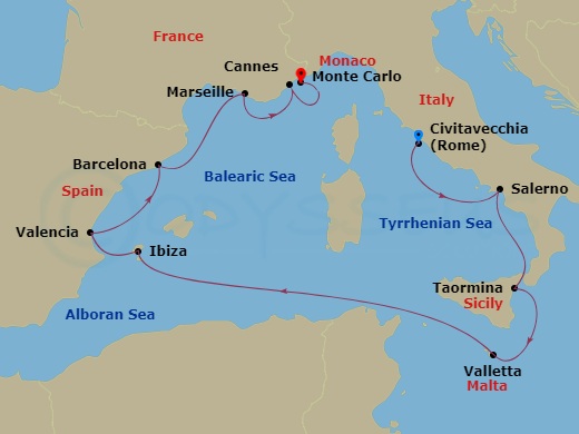 10 Night - Mediterranean Medley - Oceania Nautica - Starting in Rome (Civitavecchia), Salerno, Taormina (Sicily), Valletta, Ibiza, Valencia, Barcelona, Provence (Marseille), Cannes, Monte Carlo itinerary map