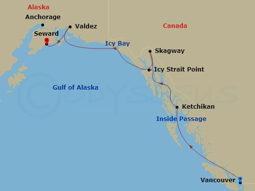 7 Night - Vancouver to Seward (Anchorage) - Silver Whisper - Starting in Vancouver, Cruise British Columbia Inside Passage, Ketchikan, Alaska, Icy Strait Point, Alaska, Skagway, Alaska, Icy Bay, Valdez, Alaska, Seward (Anchorage, Alaska) itinerary map