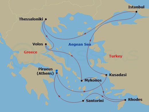 11 Night - Athens to Athens - Silver Nova - Starting in Athens (Piraeus), Kusadasi, Istanbul, Thessaloniki, Volos, Mykonos, Rhodes, Santorini, Athens (Piraeus) itinerary map