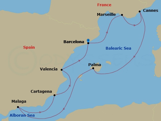 10 Night - Barcelona to Barcelona - Silver Ray - Starting in Barcelona, Marseille, Cannes, Palma De Mallorca, Malaga (Costa del Sol), Cartagena ES, Spain, Valencia, Barcelona itinerary map