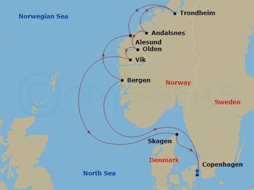10 Night - Copenhagen to Copenhagen - Silver Dawn - Starting in Copenhagen, Bergen, Alesund, Trondheim (Trondelag), Andalsnes, Olden, Vik, Skagen, Copenhagen itinerary map