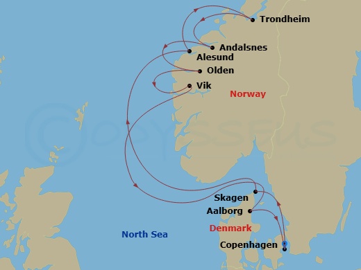 10 Night - Copenhagen to Copenhagen - Silver Dawn - Starting in Copenhagen, Skagen, Alesund, Trondheim (Trondelag), Andalsnes, Olden, Vik, Aalborg, Copenhagen itinerary map