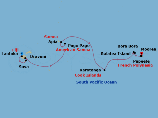 12 Night - South Pacific - Norwegian Spirit - Starting in Lautoka, Fiji, Dravuni, Fiji, Suva, Fiji, Pago Pago, American Samoa, Apia, Samoa, Cross International Dateline, at Sea, Rarotonga, Cook Islands, Raiatea, French Polynesia, Bora Bora, French Polynesia, Moorea, French Polynesia, Papeete, French Polynesia itinerary map