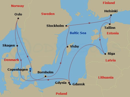 12 Night - Norway, Denmark & Sweden - Sapphire Princess - Starting in Copenhagen, Denmark, Oslo, Norway, Skagen, Denmark, Bornholm, Denmark, Visby, Sweden, Stockholm, Sweden, Helsinki, Finland, Tallinn, Estonia, Riga, Latvia, Gdansk (Gdynia), Poland, Copenhagen, Denmark itinerary map