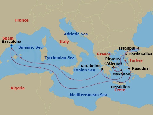 14 Night - Mediterranean and Greek Islands - Queen Victoria - Starting in Barcelona, Spain, Heraklion, Crete, Greece, Kusadasi (tours to Ephesus), Turkey, Dardanelles Strait, Turkey (Transit), Istanbul, Turkey, Dardanelles Strait, Turkey (Transit), Piraeus (tours to Athens), Greece, Mykonos, Greece, Katakolon (tours to Olympia), Greece, Messina Strait, Italy (Transit), Barcelona, Spain itinerary map
