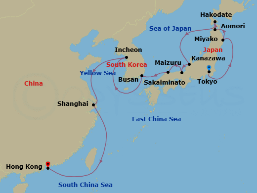 19 Night - Tokyo to Hong Kong - Silver Whisper - Starting in Tokyo, Miyako, Iwate, Aomori, Hakodate (Hokkaido), Kanazawa, Maizuru, Sakaiminato, Busan, Incheon (Seoul), Shanghai, Hong Kong itinerary map