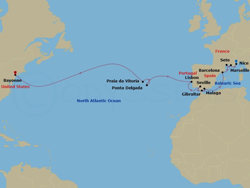 22 Night - Cruise from Nice to Bayonne, Newark (Cape Liberty) - Silver Shadow - Starting in Nice, Marseille, Sete, Barcelona, Malaga, Gibraltar, Sevilla, Lisbon, Ponta Delgada, Praia Da Vitoria, Bayonne itinerary map