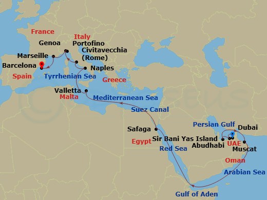 21 Night - Msc Grand Voyages - MSC World Europa - Starting in Dubai, United Arab Emirates, Abu Dhabi, United Arab Emirates, Sir Baniyas Island, UAE, Muscat, Oman, Safaga, Egypt, Suez Canal (transit), Egypt, La Valletta, Malta, Naples (Pompeii), Italy, Civitavecchia (Rome), Italy, Genoa (Portofino), Italy, Marseille (Provence), France, Barcelona, Spain itinerary map
