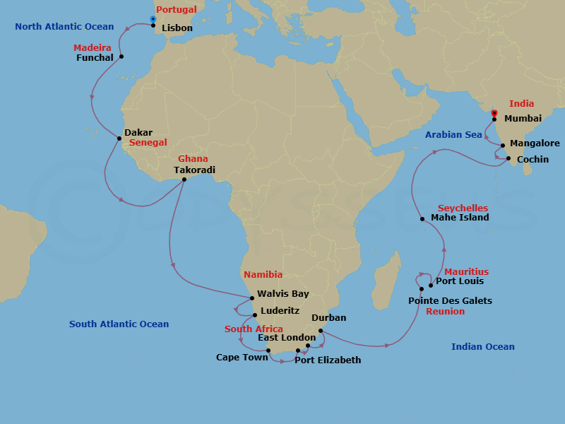 42 Night - Indian Ocean from Lisbon to Mumbai - Silver Muse - Starting in Lisbon, Funchal, Dakar, Takoradi, Walvis Bay, Luderitz, Cape Town, Port Elizabeth ZA, East London, Durban, Pointe Des Galets, Port Louis, Mahe, Cochin, New Mangalore, Mumbai itinerary map